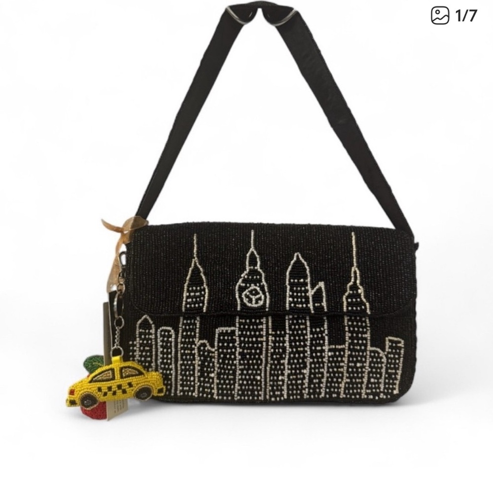 Chic Black Cityscape Beaded Crossbody Bag